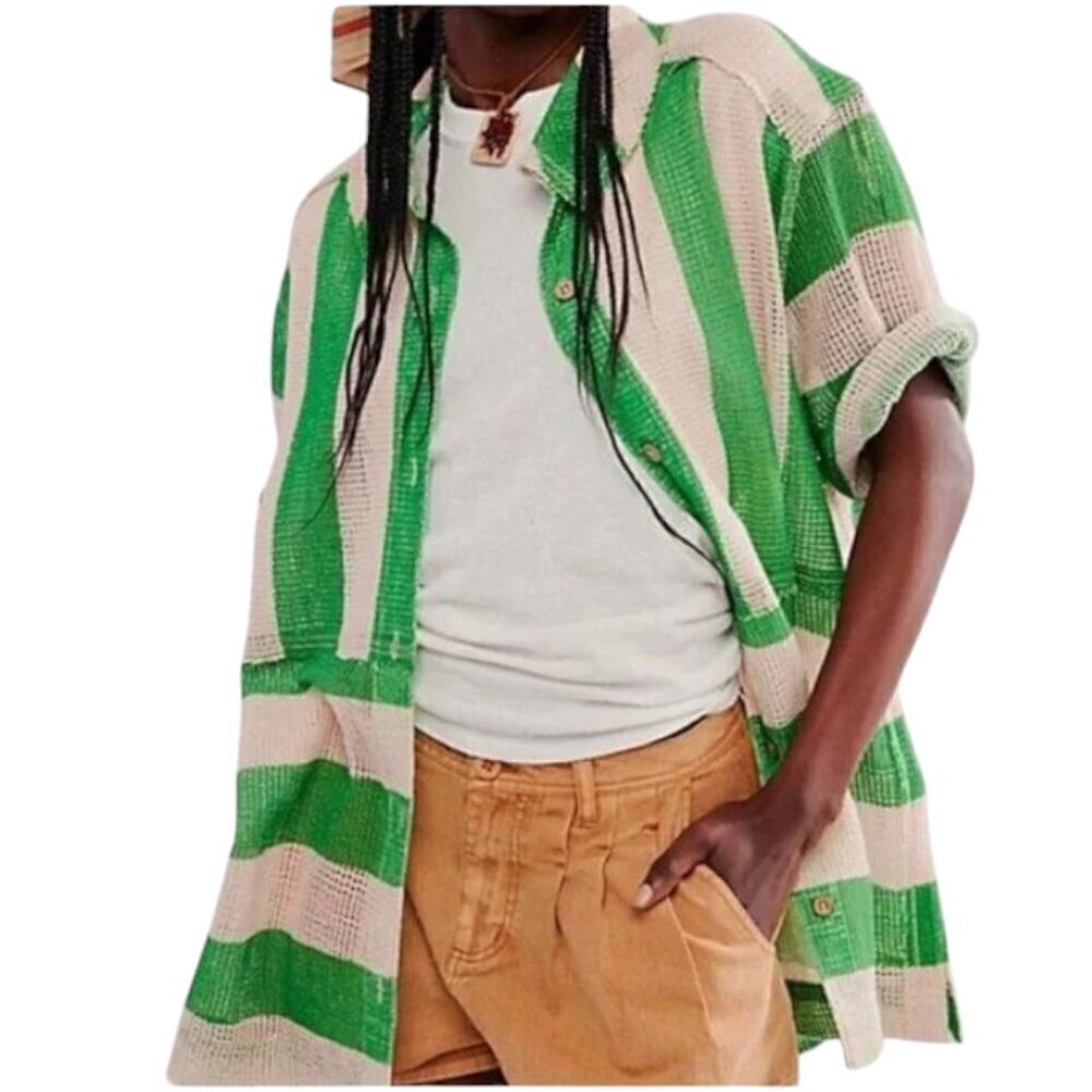 WE THE FREE Del Mar Cabana Button Down Cover Up Shirt Striped Green White Small